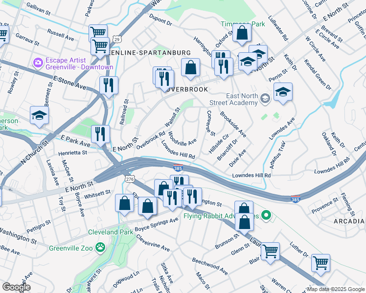 map of restaurants, bars, coffee shops, grocery stores, and more near 100 Woodville Avenue in Greenville