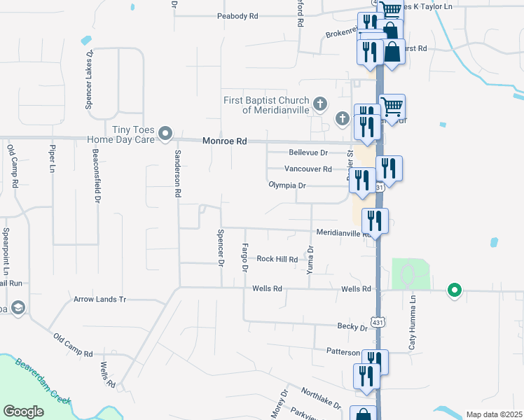 map of restaurants, bars, coffee shops, grocery stores, and more near 172 Ranier Street in Meridianville