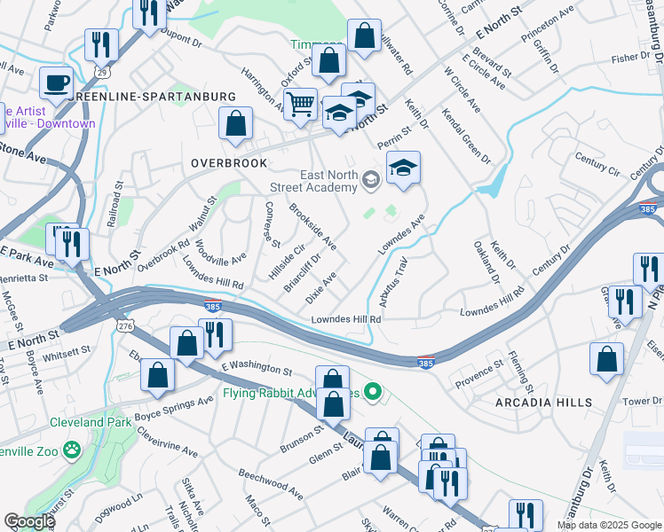 map of restaurants, bars, coffee shops, grocery stores, and more near 115 Dixie Avenue in Greenville