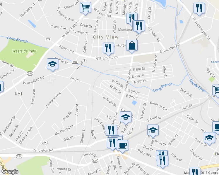 map of restaurants, bars, coffee shops, grocery stores, and more near 29 West 5th Street in Greenville