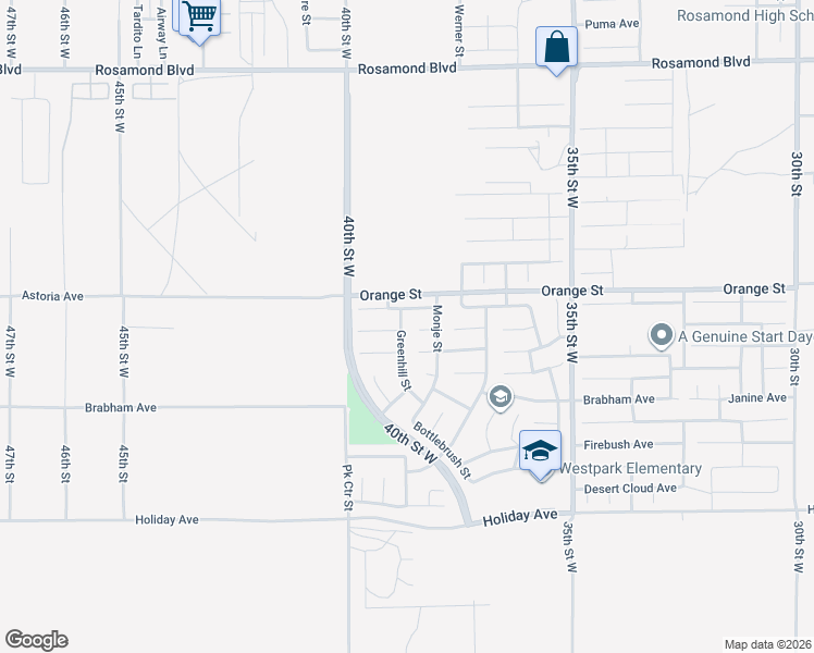 map of restaurants, bars, coffee shops, grocery stores, and more near 3825 Park Vista Court in Rosamond