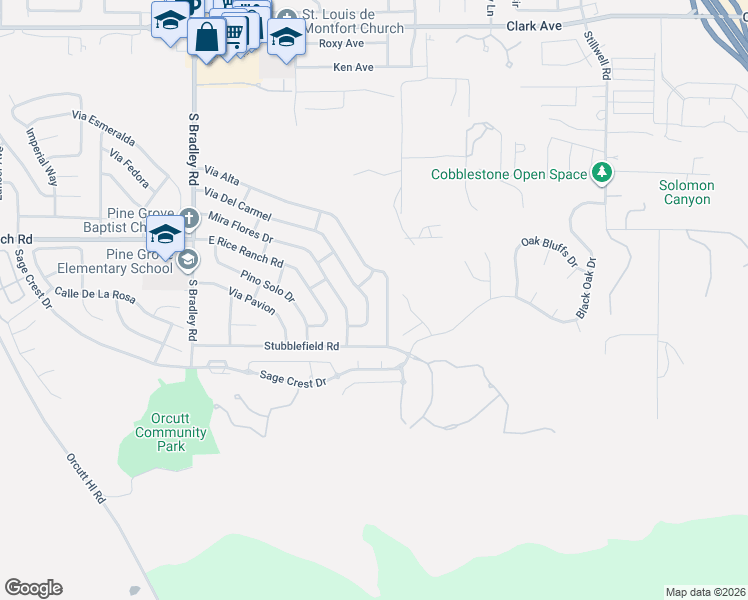 map of restaurants, bars, coffee shops, grocery stores, and more near 1355 Via Del Carmel in Santa Maria