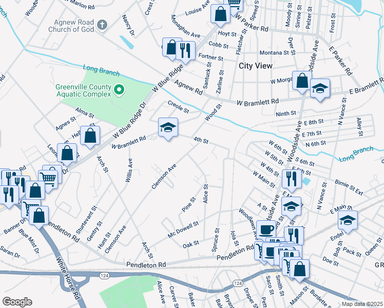 map of restaurants, bars, coffee shops, grocery stores, and more near 300 Clemson Avenue in Greenville