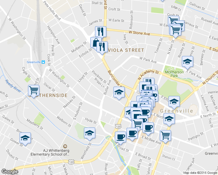 map of restaurants, bars, coffee shops, grocery stores, and more near 224 Butler Avenue in Greenville