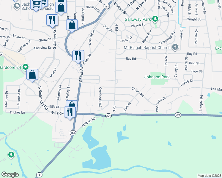 map of restaurants, bars, coffee shops, grocery stores, and more near 101 Overland Trail in Jacksonville