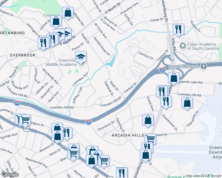 map of restaurants, bars, coffee shops, grocery stores, and more near 115 Oakland Drive in Greenville