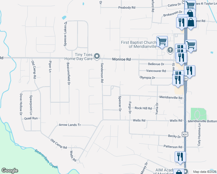 map of restaurants, bars, coffee shops, grocery stores, and more near 156 Poplar Drive in Meridianville