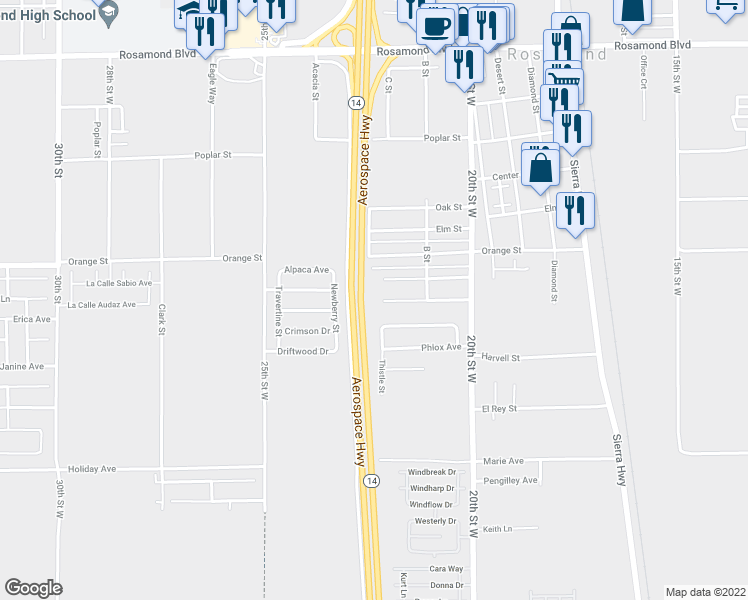 map of restaurants, bars, coffee shops, grocery stores, and more near 2201 Candice Avenue in Rosamond