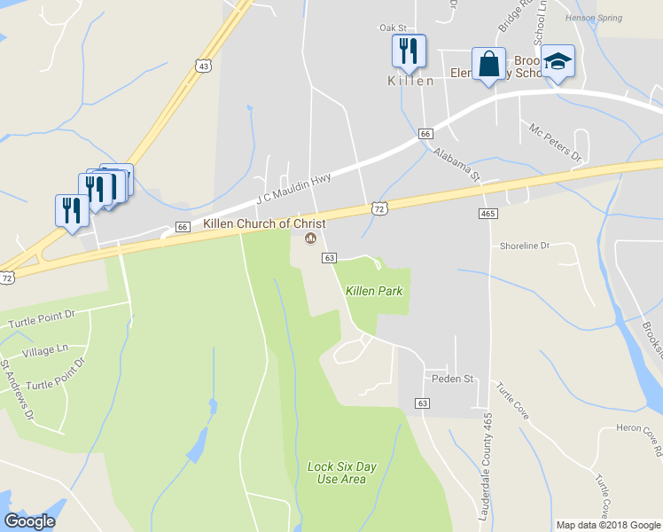 map of restaurants, bars, coffee shops, grocery stores, and more near 701 Lock Six Road in Killen