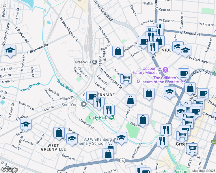 map of restaurants, bars, coffee shops, grocery stores, and more near 101 Trescott Street in Greenville