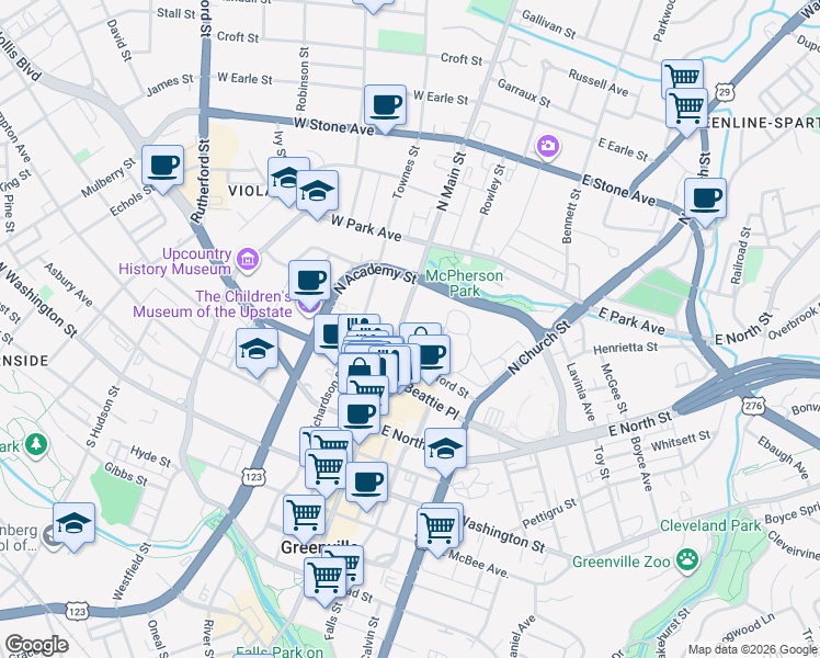 map of restaurants, bars, coffee shops, grocery stores, and more near 404 North Main Street in Greenville