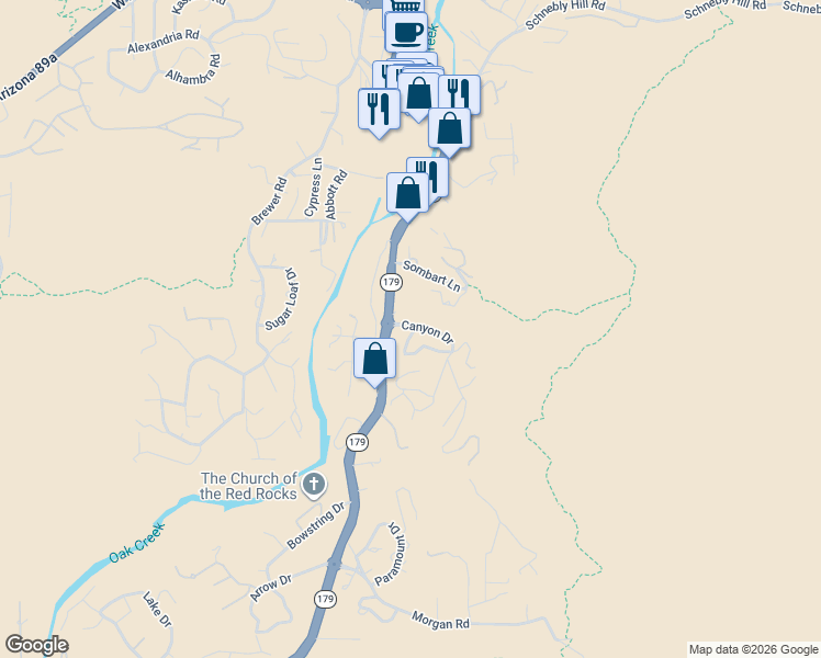 map of restaurants, bars, coffee shops, grocery stores, and more near 15 Canyon Drive in Sedona