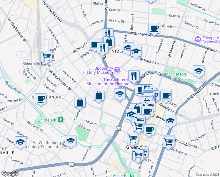 map of restaurants, bars, coffee shops, grocery stores, and more near 226 Butler Avenue in Greenville