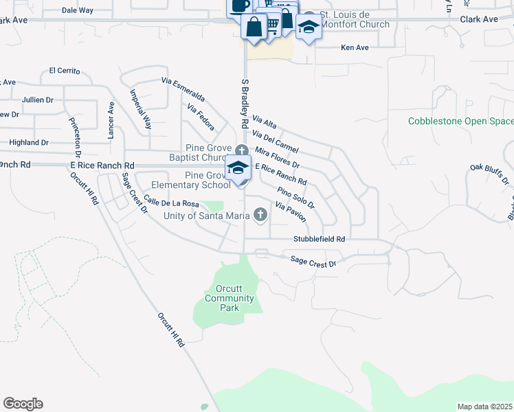 map of restaurants, bars, coffee shops, grocery stores, and more near 5698 South Bradley Road in Santa Maria