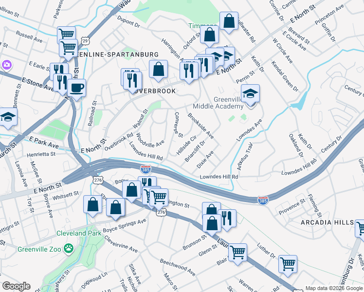 map of restaurants, bars, coffee shops, grocery stores, and more near 21 Hillside Circle in Greenville