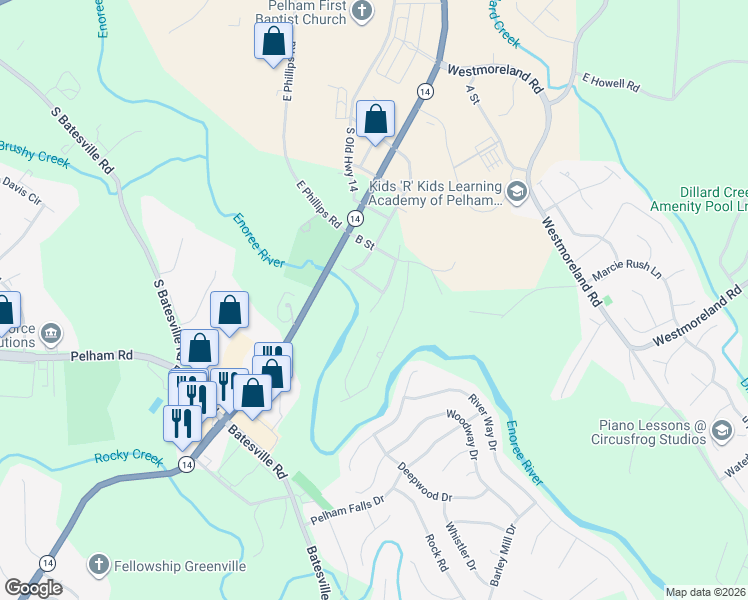 map of restaurants, bars, coffee shops, grocery stores, and more near 171 J Street in Greer