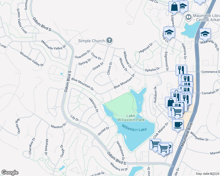 map of restaurants, bars, coffee shops, grocery stores, and more near 26 Blue Mountain Drive in Maumelle