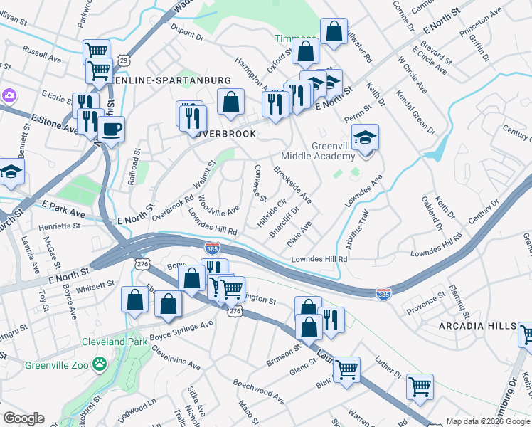 map of restaurants, bars, coffee shops, grocery stores, and more near 21 Hillside Circle in Greenville