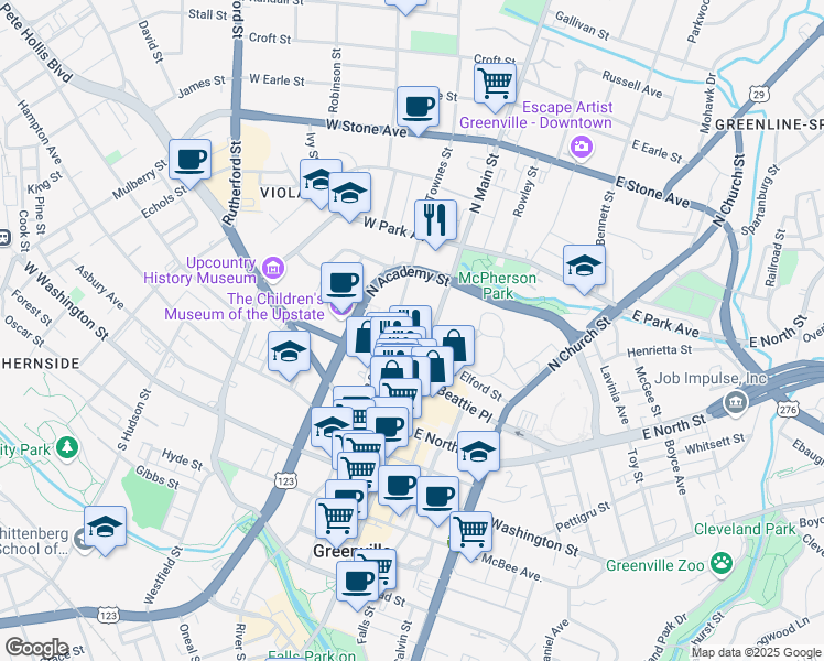 map of restaurants, bars, coffee shops, grocery stores, and more near 407 North Main Street in Greenville