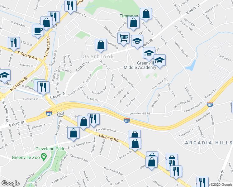 map of restaurants, bars, coffee shops, grocery stores, and more near 21 Hillside Circle in Greenville