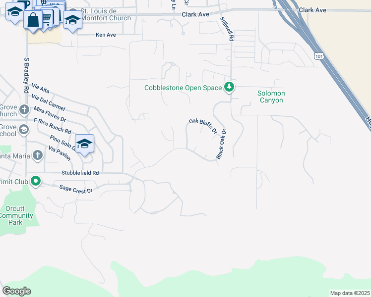 map of restaurants, bars, coffee shops, grocery stores, and more near 1422 Black Oak Drive in Orcutt