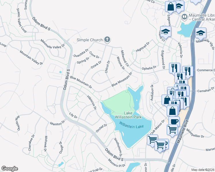 map of restaurants, bars, coffee shops, grocery stores, and more near 26 Blue Mountain Drive in Maumelle