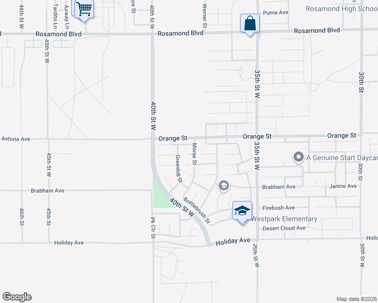 map of restaurants, bars, coffee shops, grocery stores, and more near 3825 Park Vista Court in Rosamond