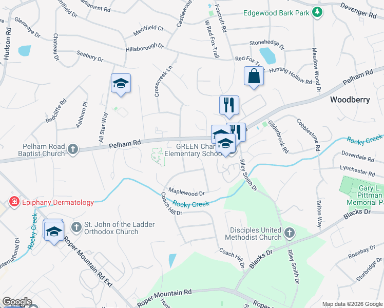 map of restaurants, bars, coffee shops, grocery stores, and more near 5018 Raintree Lane in Greenville