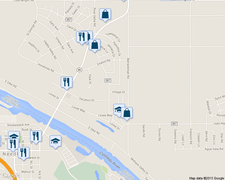 map of restaurants, bars, coffee shops, grocery stores, and more near 1409 Village Drive in Mohave Valley