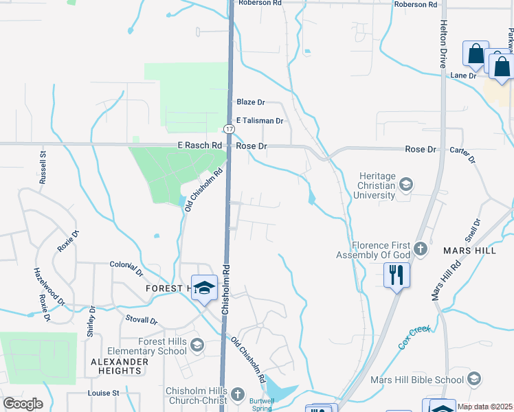 map of restaurants, bars, coffee shops, grocery stores, and more near Martha Ann Lane in Florence