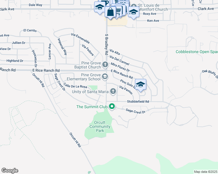 map of restaurants, bars, coffee shops, grocery stores, and more near 5698 South Bradley Road in Santa Maria