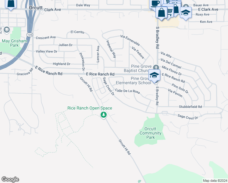 map of restaurants, bars, coffee shops, grocery stores, and more near 715 Sage Crest Drive in Orcutt