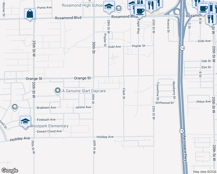 map of restaurants, bars, coffee shops, grocery stores, and more near 2842 La Calle Audaz Avenue in Rosamond