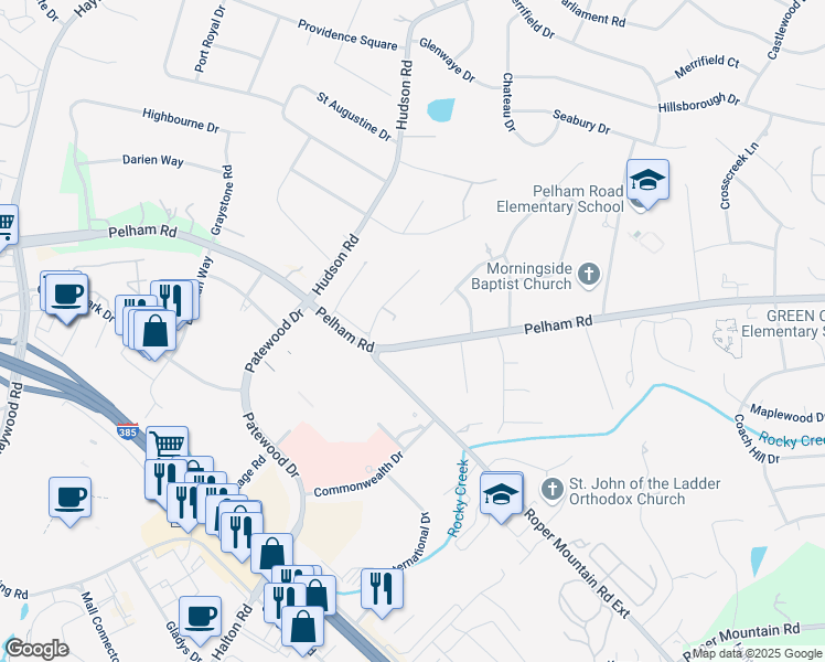 map of restaurants, bars, coffee shops, grocery stores, and more near 909 Pelham Road in Greenville