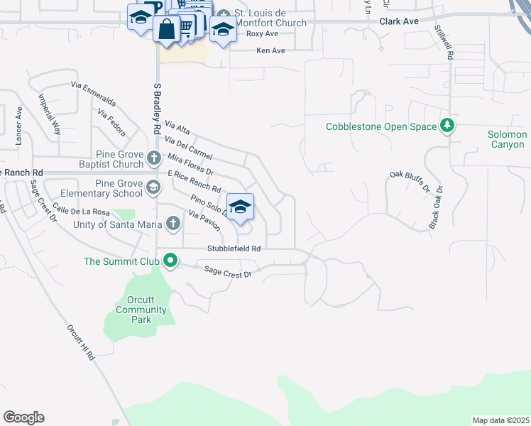 map of restaurants, bars, coffee shops, grocery stores, and more near 1337 Mira Flores Drive in Santa Maria