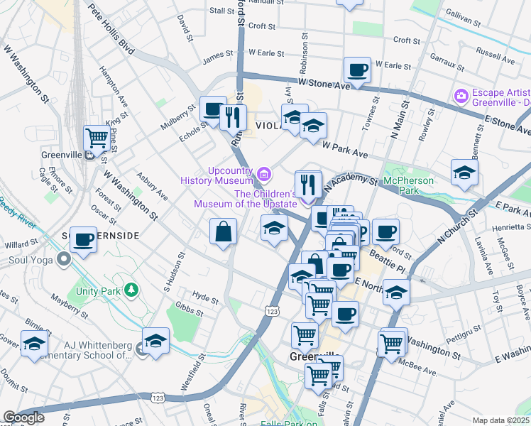 map of restaurants, bars, coffee shops, grocery stores, and more near 455 Buncombe Street in Greenville