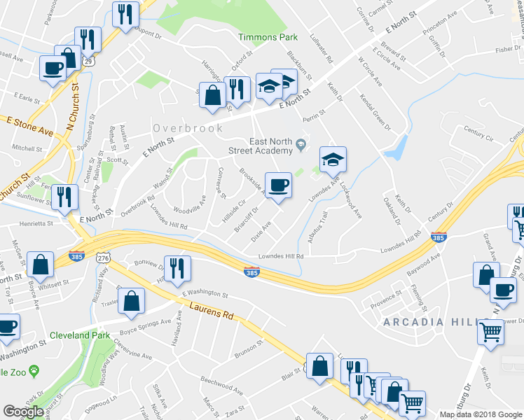 map of restaurants, bars, coffee shops, grocery stores, and more near 209 Briarcliff Drive in Greenville
