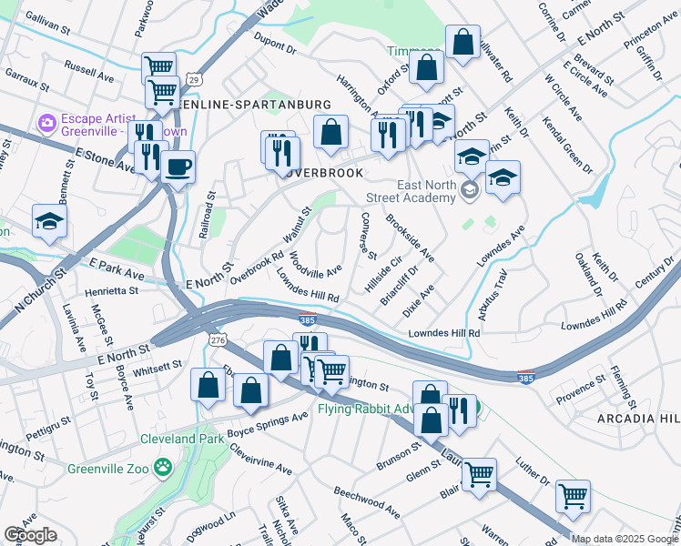 map of restaurants, bars, coffee shops, grocery stores, and more near 123 Woodville Avenue in Greenville