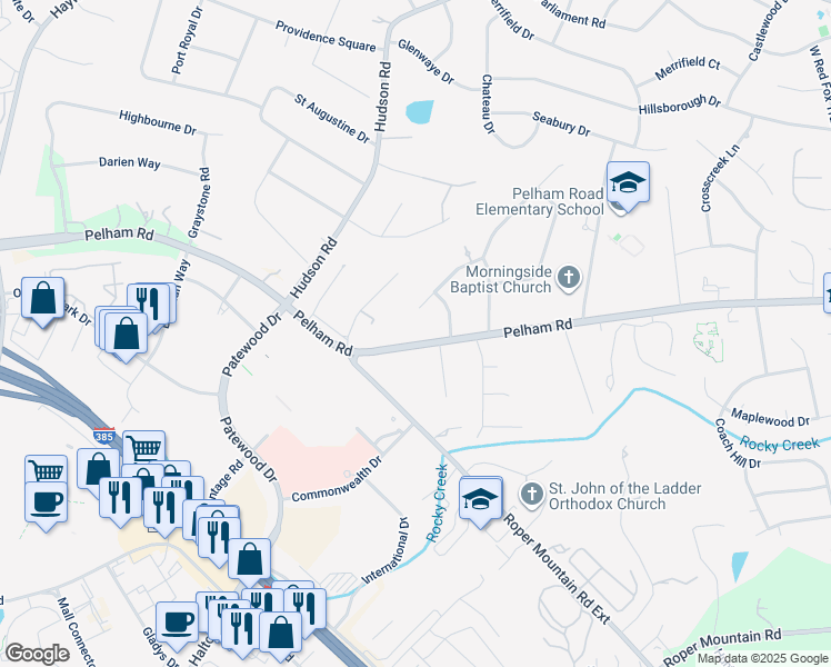 map of restaurants, bars, coffee shops, grocery stores, and more near 915 Pelham Road in Greenville
