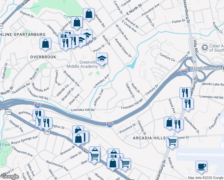 map of restaurants, bars, coffee shops, grocery stores, and more near 52 Arbutus Trail in Greenville