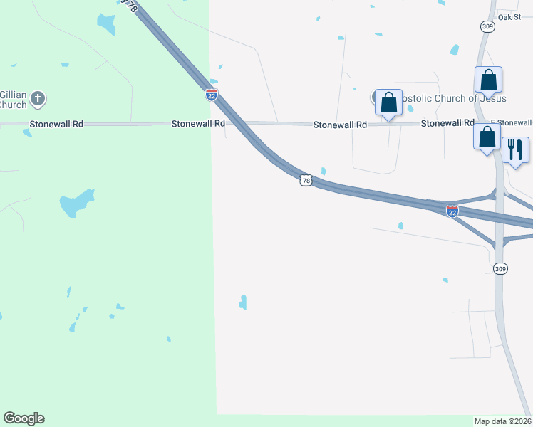 map of restaurants, bars, coffee shops, grocery stores, and more near 465 Stonewall Road in Byhalia