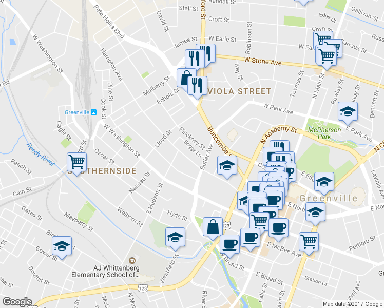 map of restaurants, bars, coffee shops, grocery stores, and more near 314 Hampton Ave in Greenville