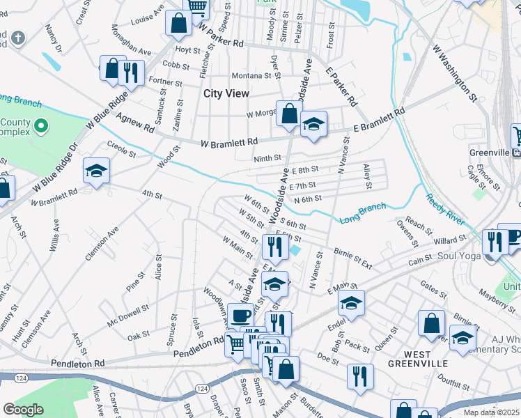 map of restaurants, bars, coffee shops, grocery stores, and more near 15 West 6th Street in Greenville
