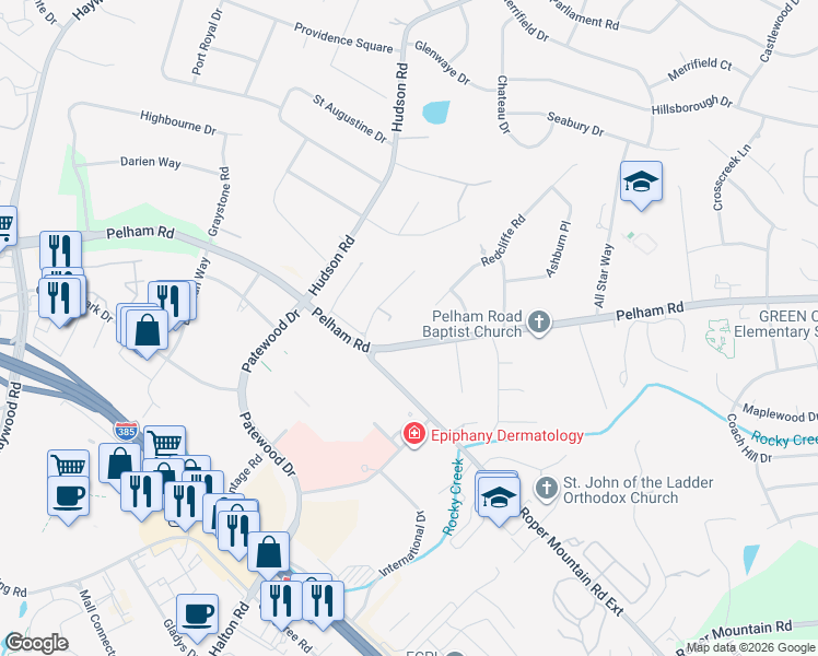 map of restaurants, bars, coffee shops, grocery stores, and more near 909 Pelham Road in Greenville