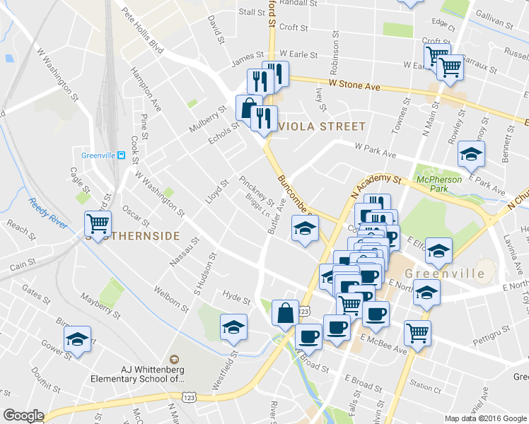 map of restaurants, bars, coffee shops, grocery stores, and more near 45 Briggs Lane in Greenville
