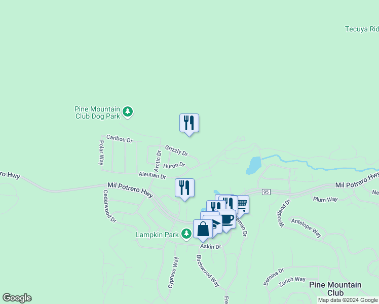 map of restaurants, bars, coffee shops, grocery stores, and more near 16405 Grizzly Drive in Frazier Park
