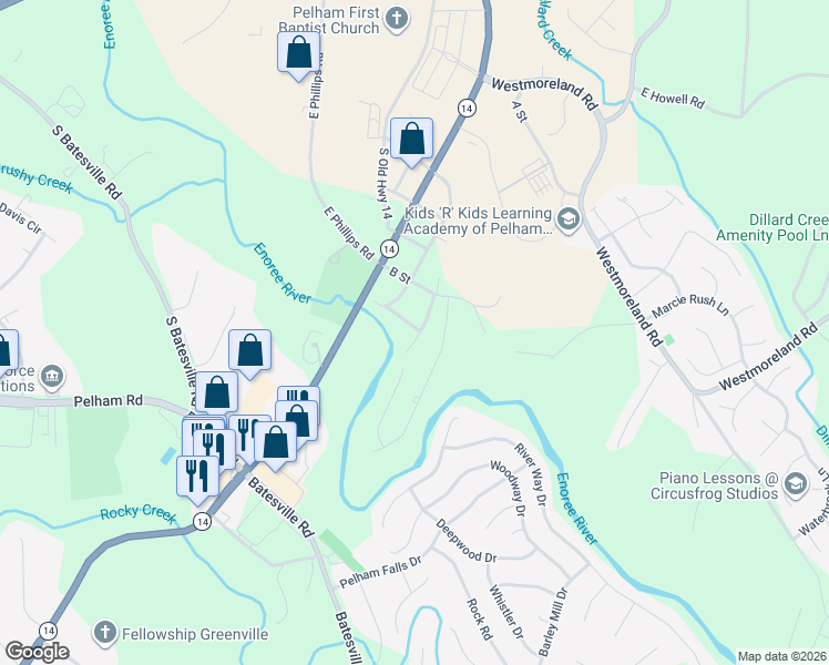 map of restaurants, bars, coffee shops, grocery stores, and more near 171 J Street in Greer