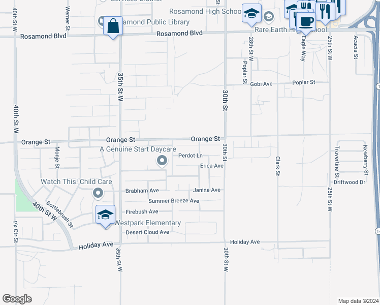 map of restaurants, bars, coffee shops, grocery stores, and more near 3127 Perdot Avenue in Rosamond