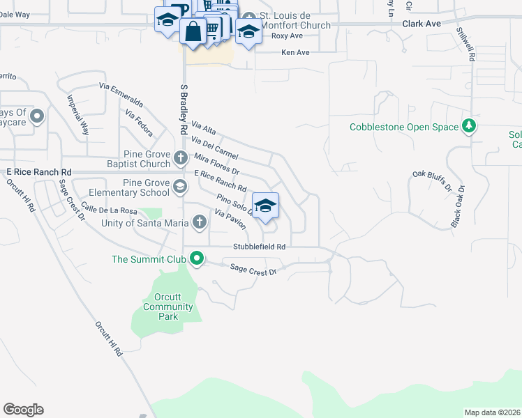 map of restaurants, bars, coffee shops, grocery stores, and more near 1288 East Rice Ranch Road in Santa Maria