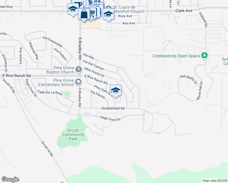 map of restaurants, bars, coffee shops, grocery stores, and more near 1288 East Rice Ranch Road in Santa Maria